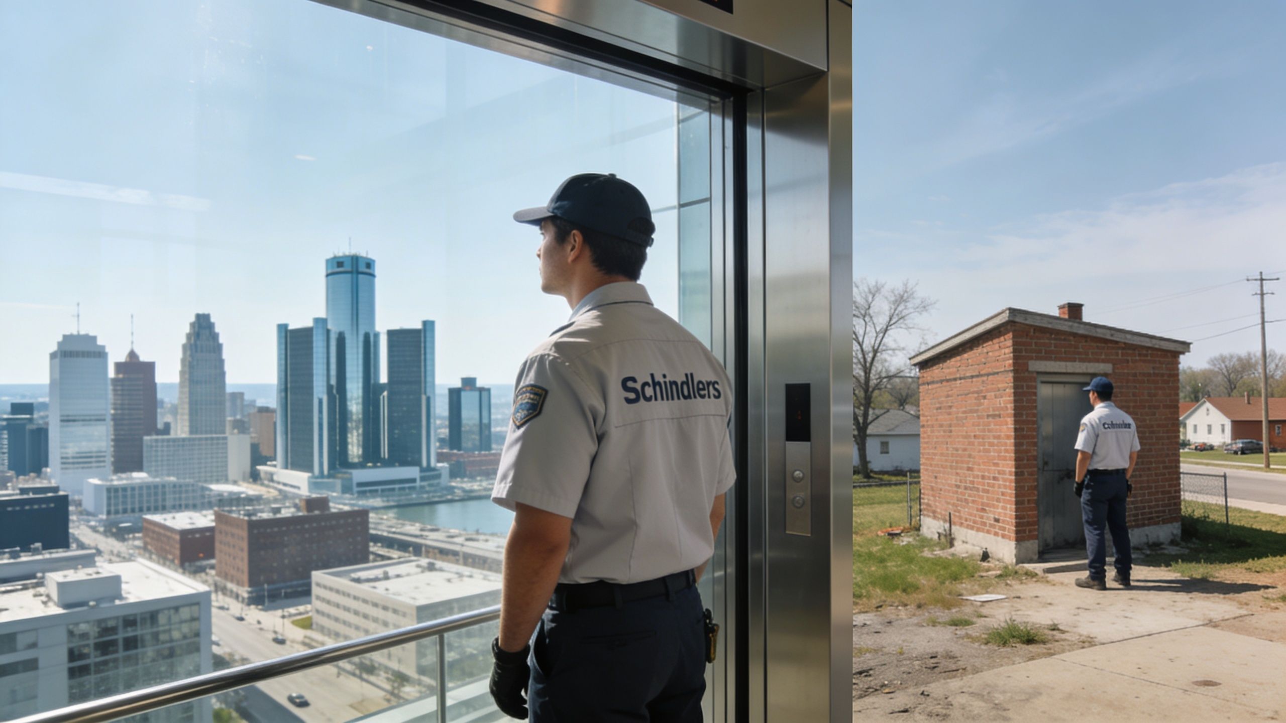 A split image showing a Schindler elevator technician looking at a city skyline and standing by a brick building.
