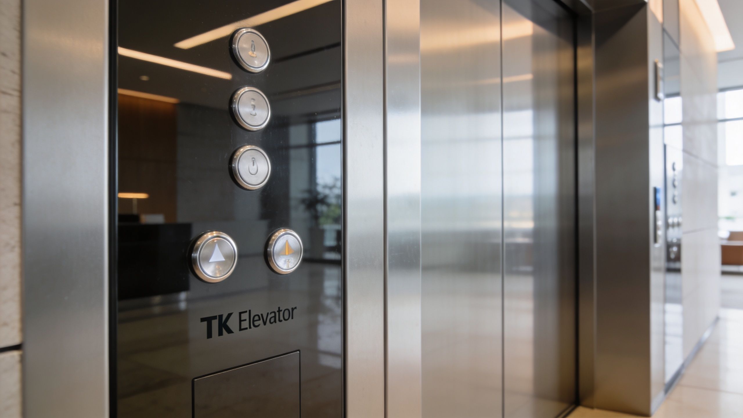 A modern TK Elevator control panel featuring backlit floor selection buttons on a sleek glass interface.