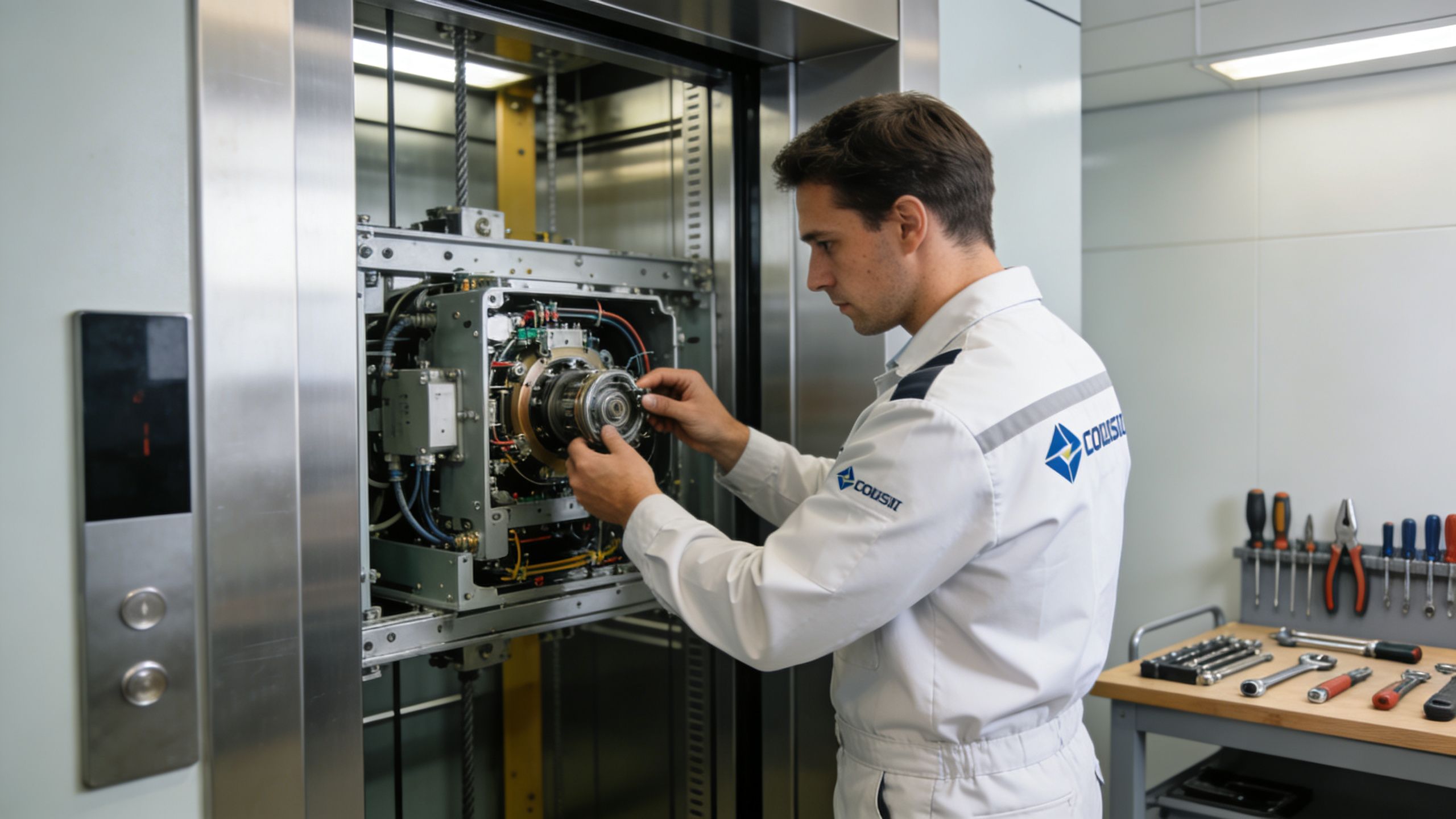 A professional elevator technician inspecting the mechanical components inside an open industrial elevator shaft control unit.