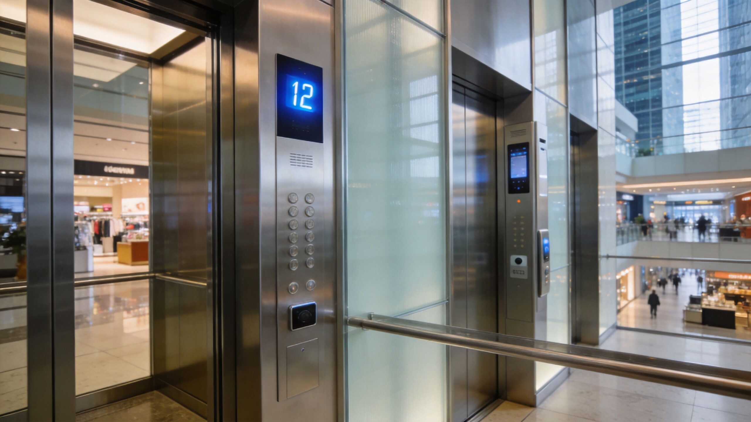 A modern silver elevator control panel showing floor twelve in a brightly lit shopping mall lobby.
