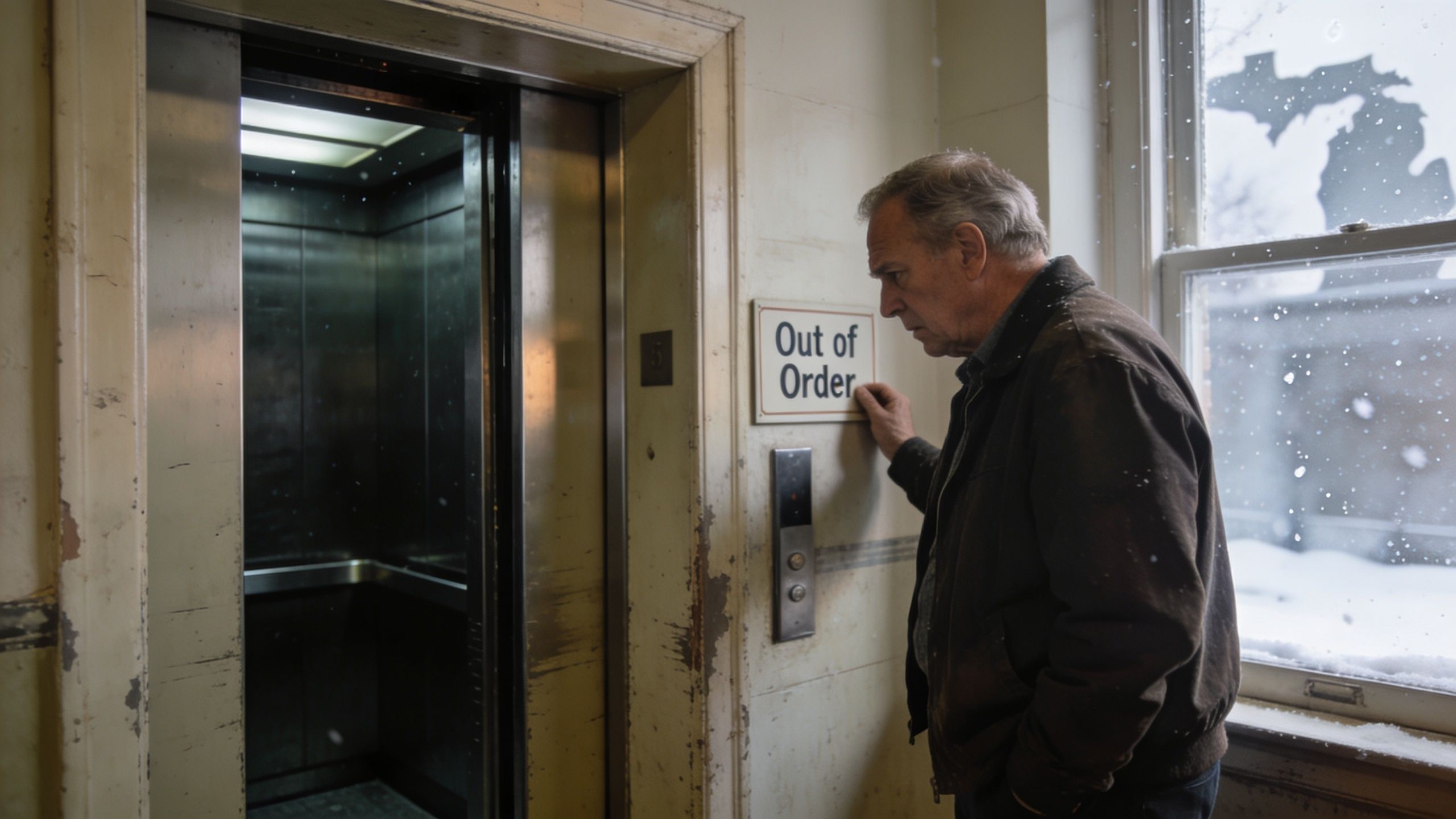 An elderly man in a jacket looks at an Out of Order sign beside an elevator.