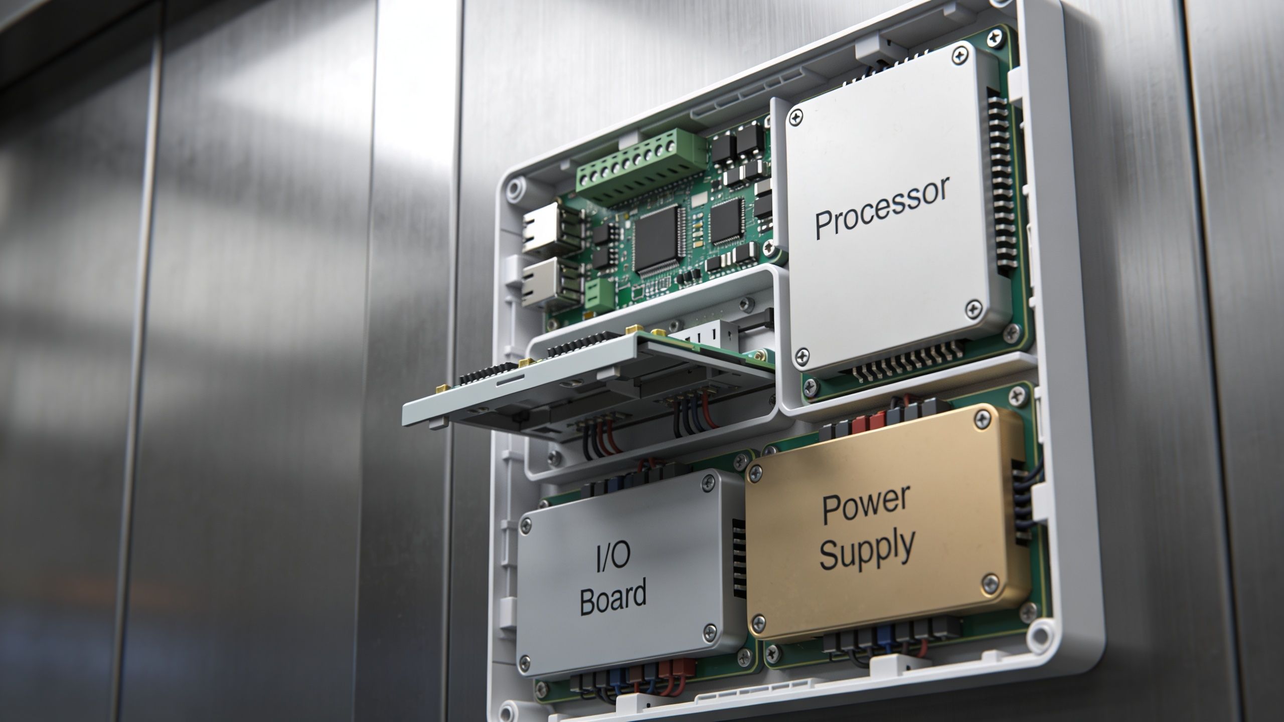 An electronic control panel with a processor, power supply, and I/O board mounted on a wall.