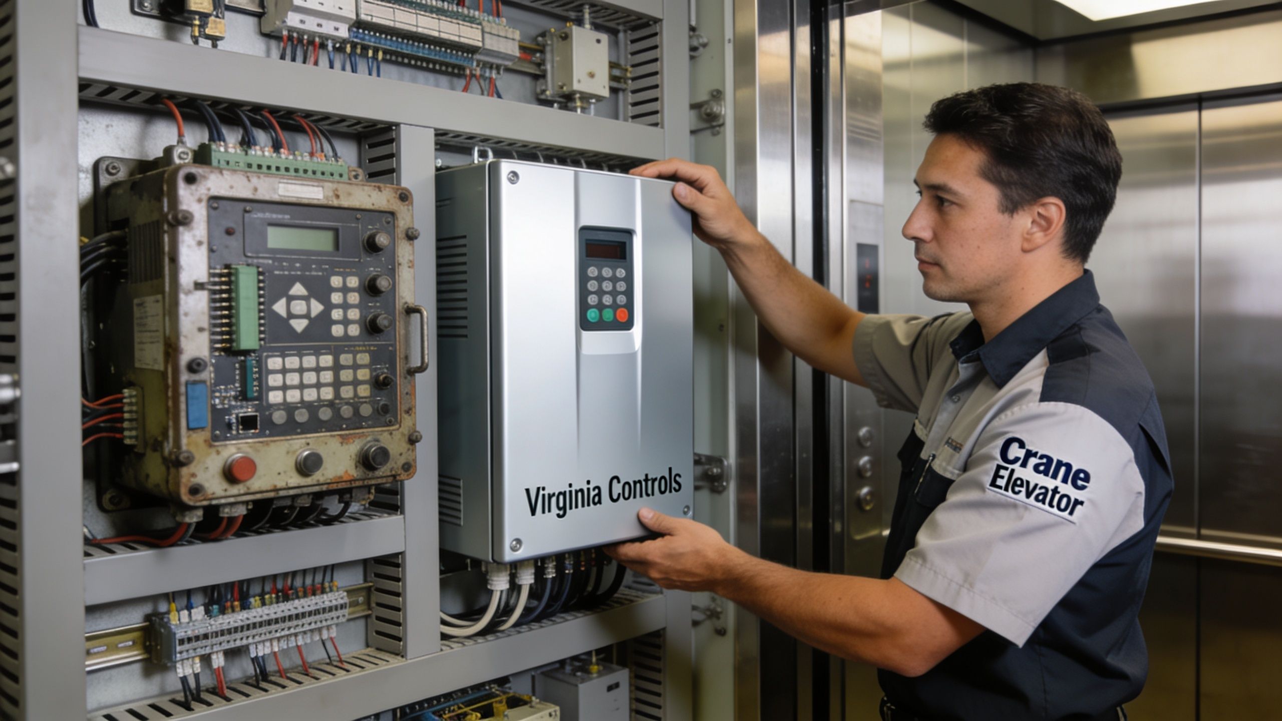 A Crane Elevator technician working on electronic controller components inside a technical elevator machine room cabinet.
