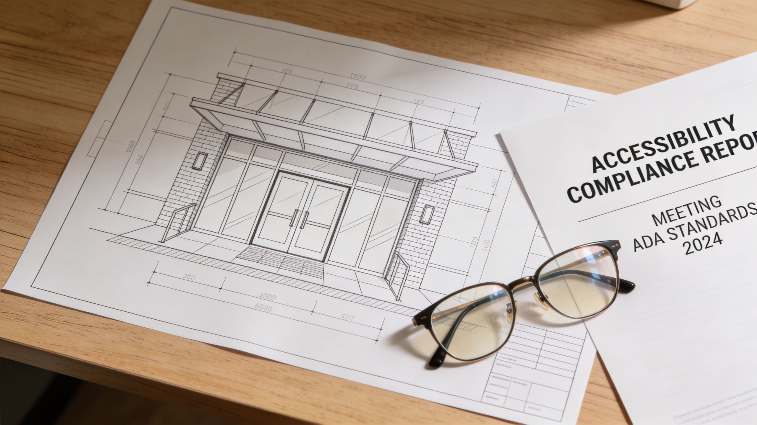 Architectural blueprints of an entrance with a pair of glasses resting on top of a compliance report.