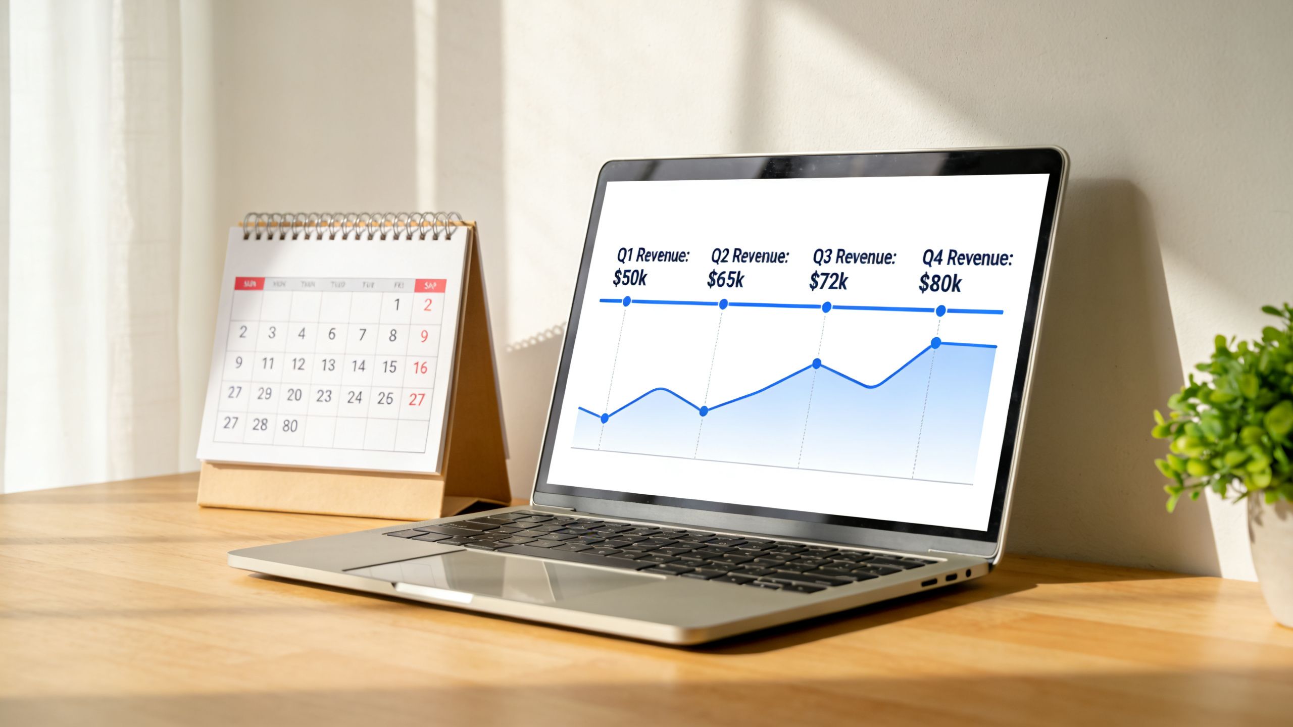 A laptop showing a business revenue chart next to a desk calendar in a sunny workspace.