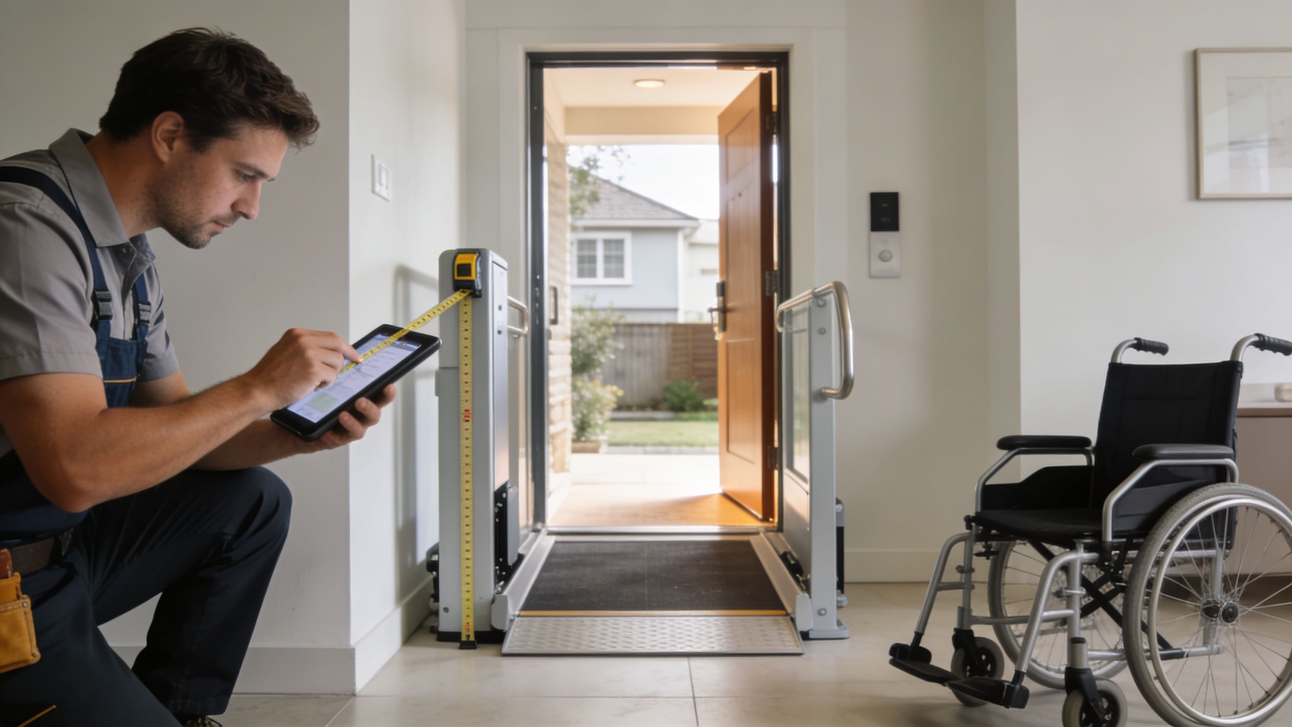 A professional technician using a digital tablet while measuring a residential wheelchair lift installation near the entrance.