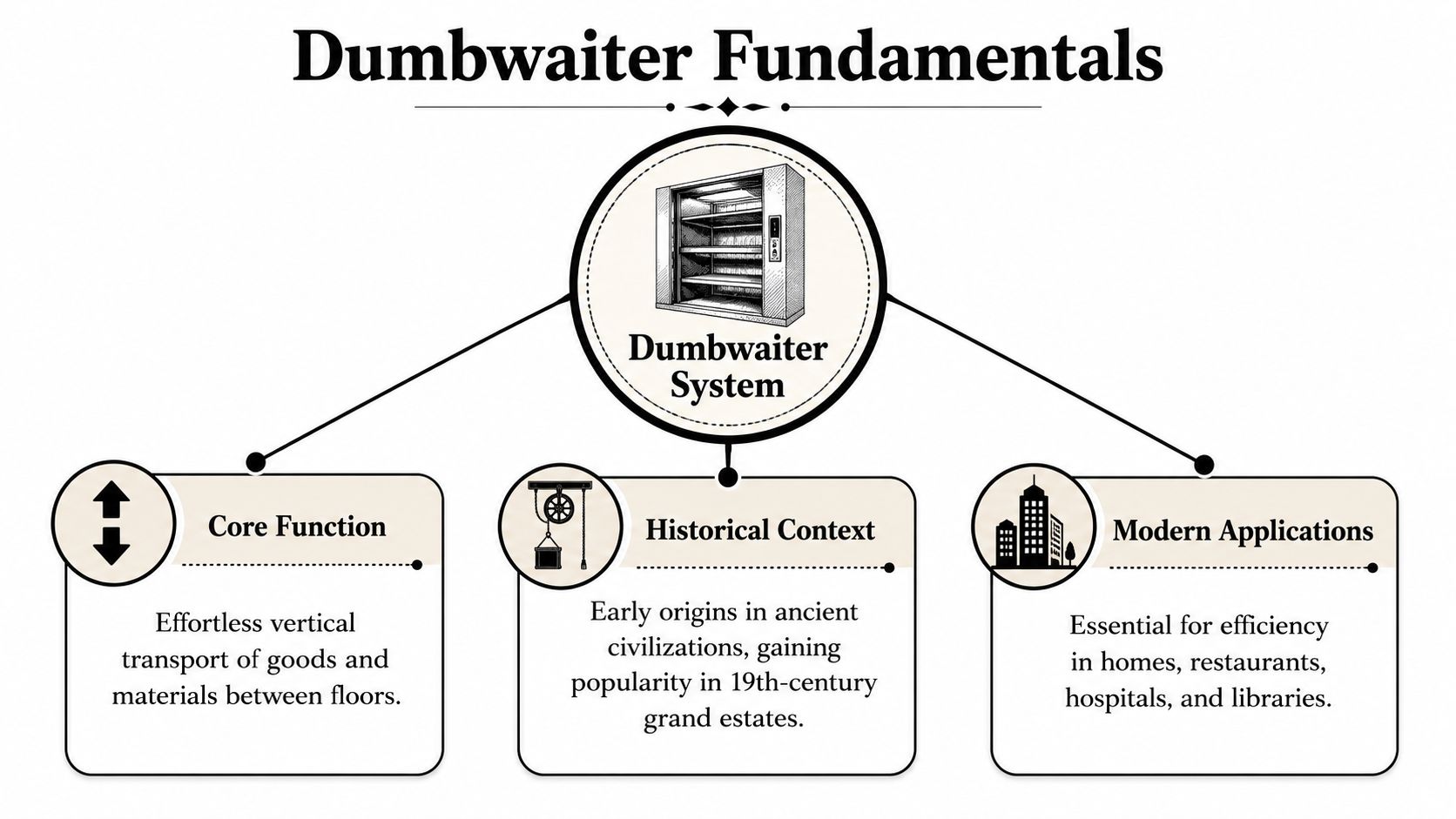 A diagram illustrating dumbwaiter fundamentals including core functions, historical context, and modern applications of the system.