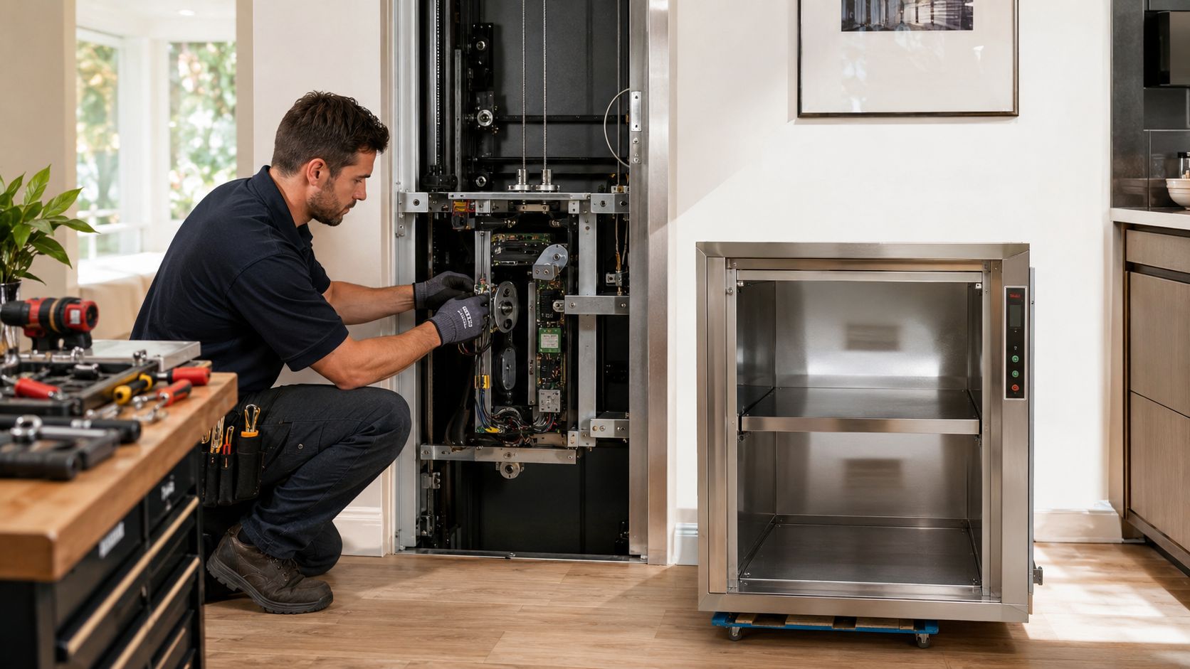 A professional technician installing a modern stainless steel residential dumbwaiter elevator in a home kitchen setting.