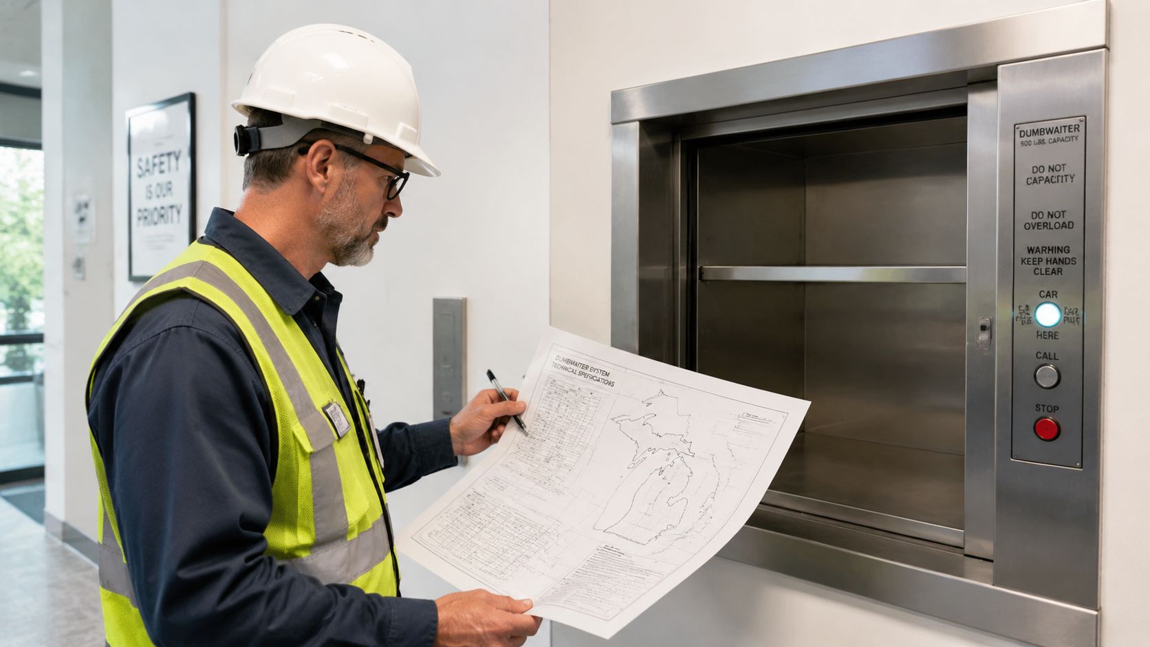 A professional inspector in a hard hat and safety vest examines a technical blueprint beside a dumbwaiter elevator.