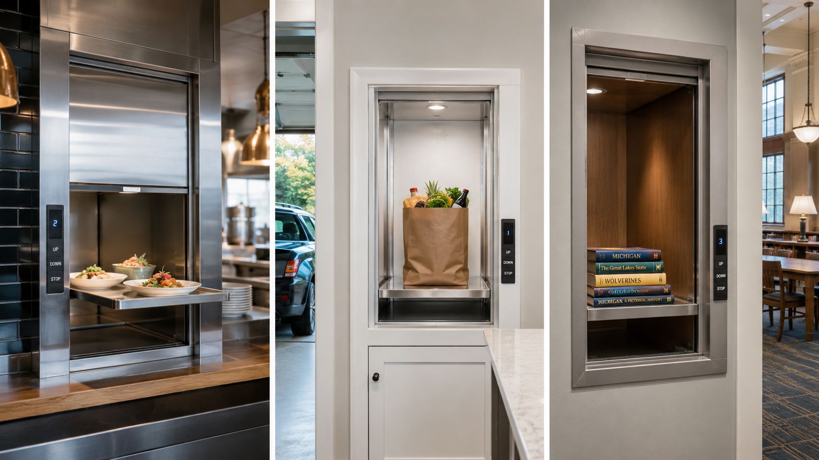 Three different side-by-side views of a modern residential dumbwaiter installed in various locations throughout a house.