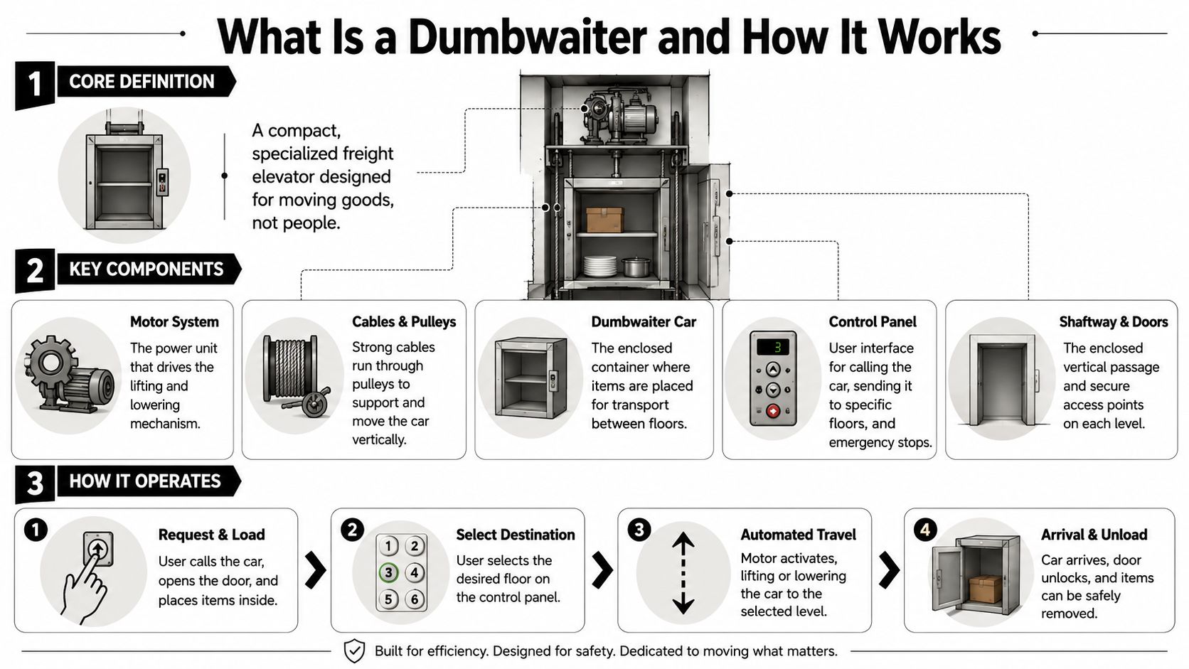 An infographic diagram explaining the definition, key components, and operational process of a mechanical dumbwaiter elevator system.