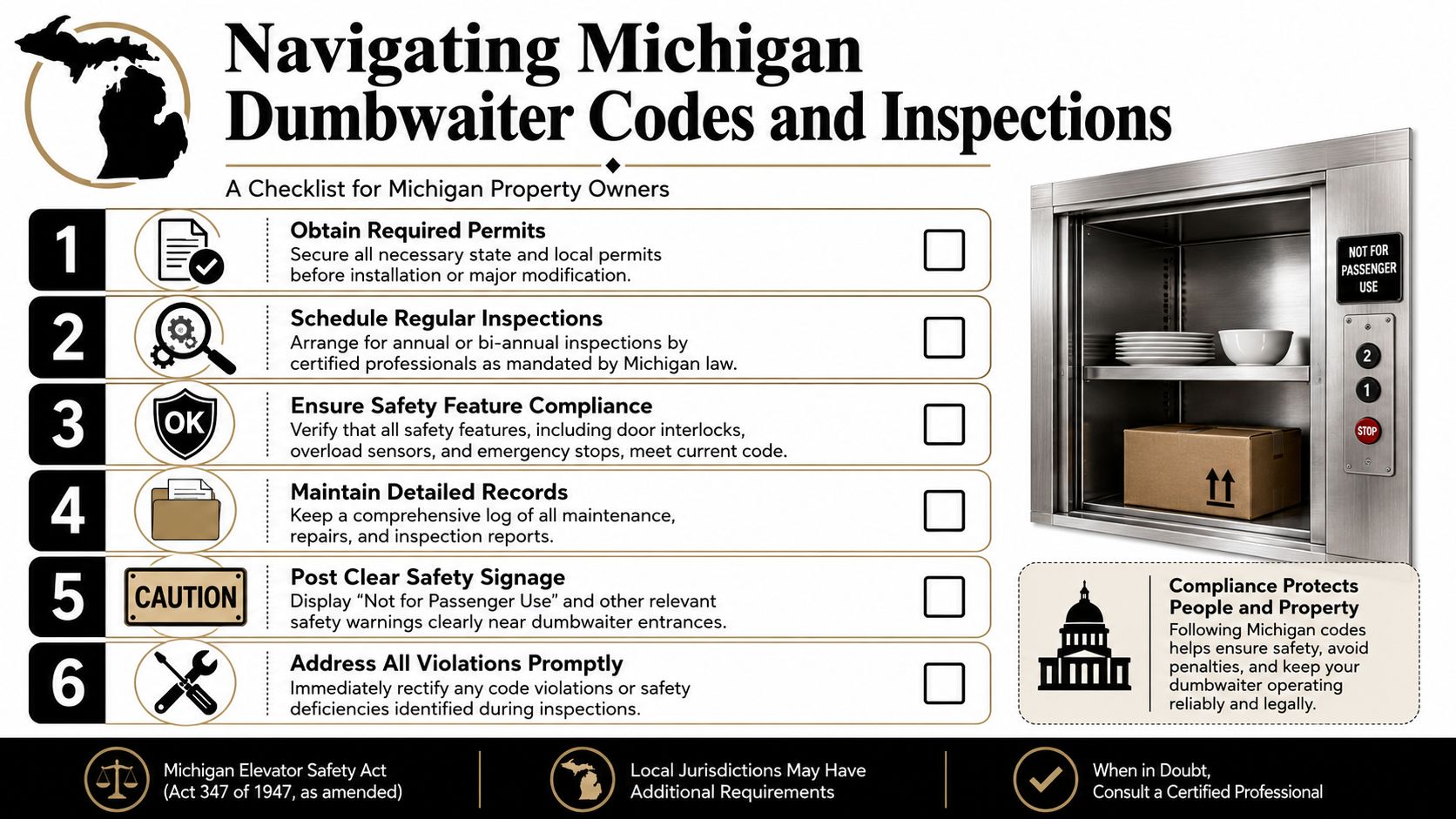 An infographic checklist for Michigan property owners about dumbwaiter codes, safety inspections, and legal compliance requirements.