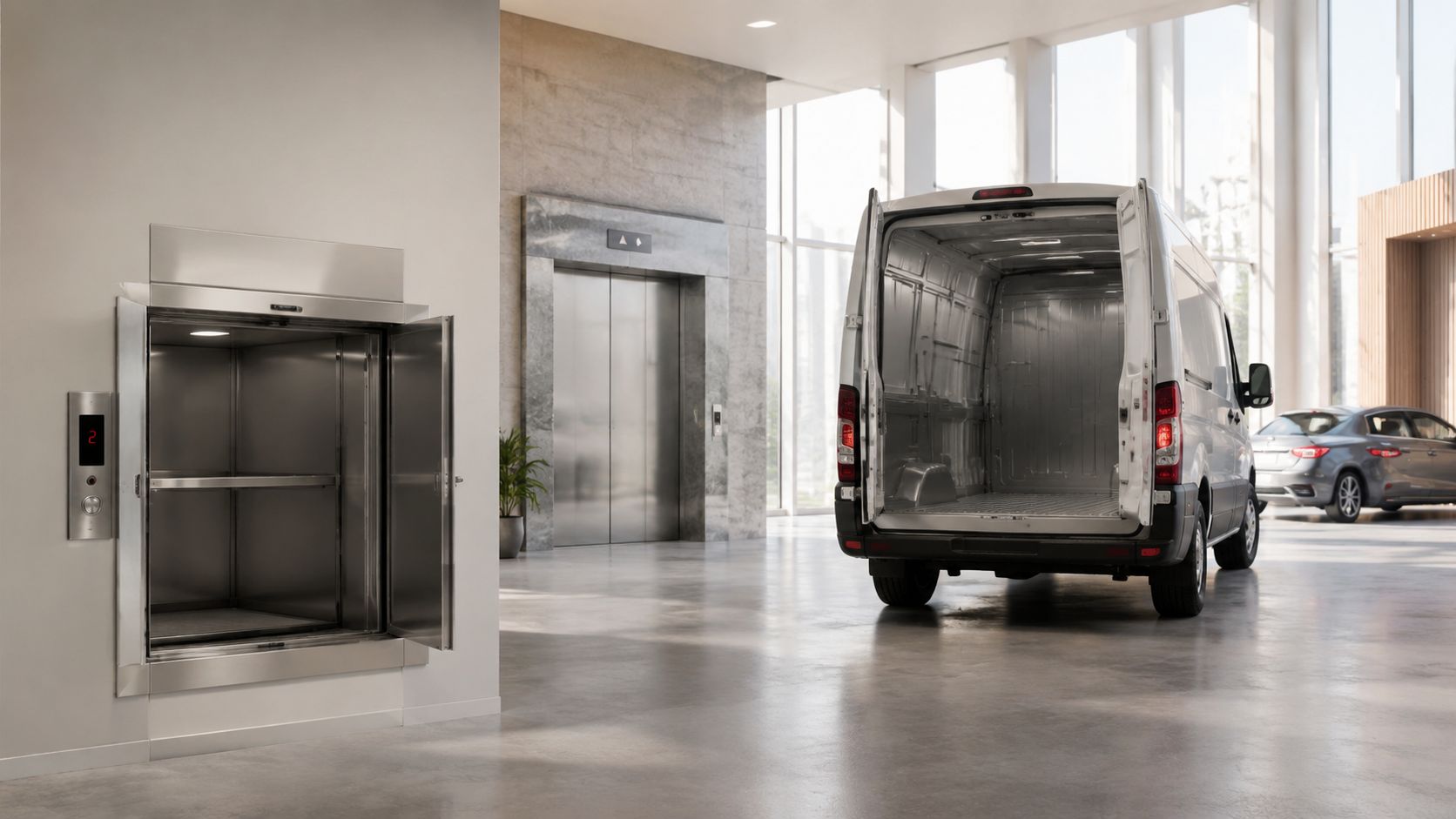 A modern interior showing a large dumbwaiter lift next to a delivery van in a spacious hall.