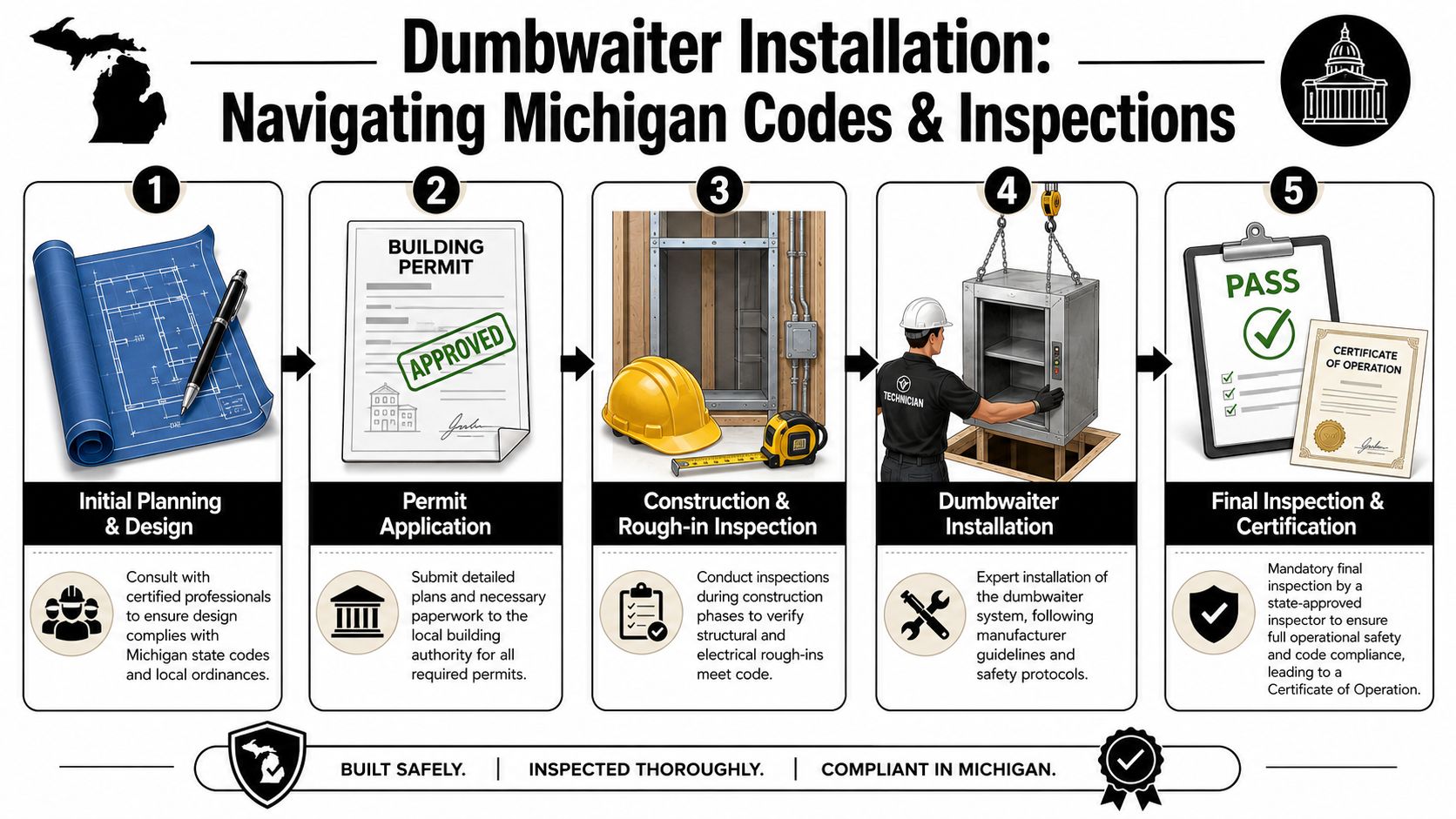 A five-step infographic guide detailing the process for installing dumbwaiter lifts according to Michigan state regulations.