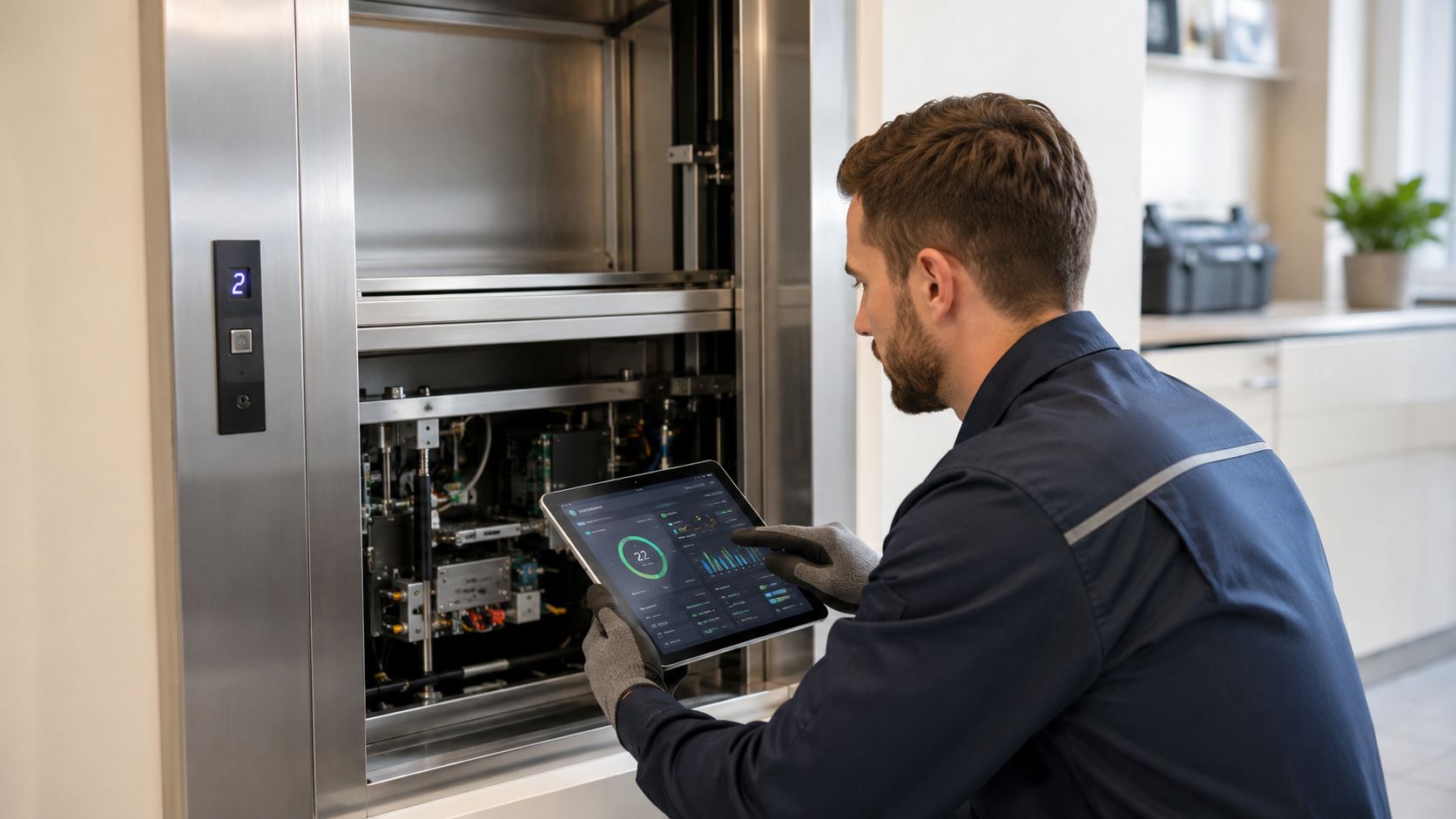 A professional technician wearing gloves inspects a dumbwaiter lift while checking data on a digital tablet.