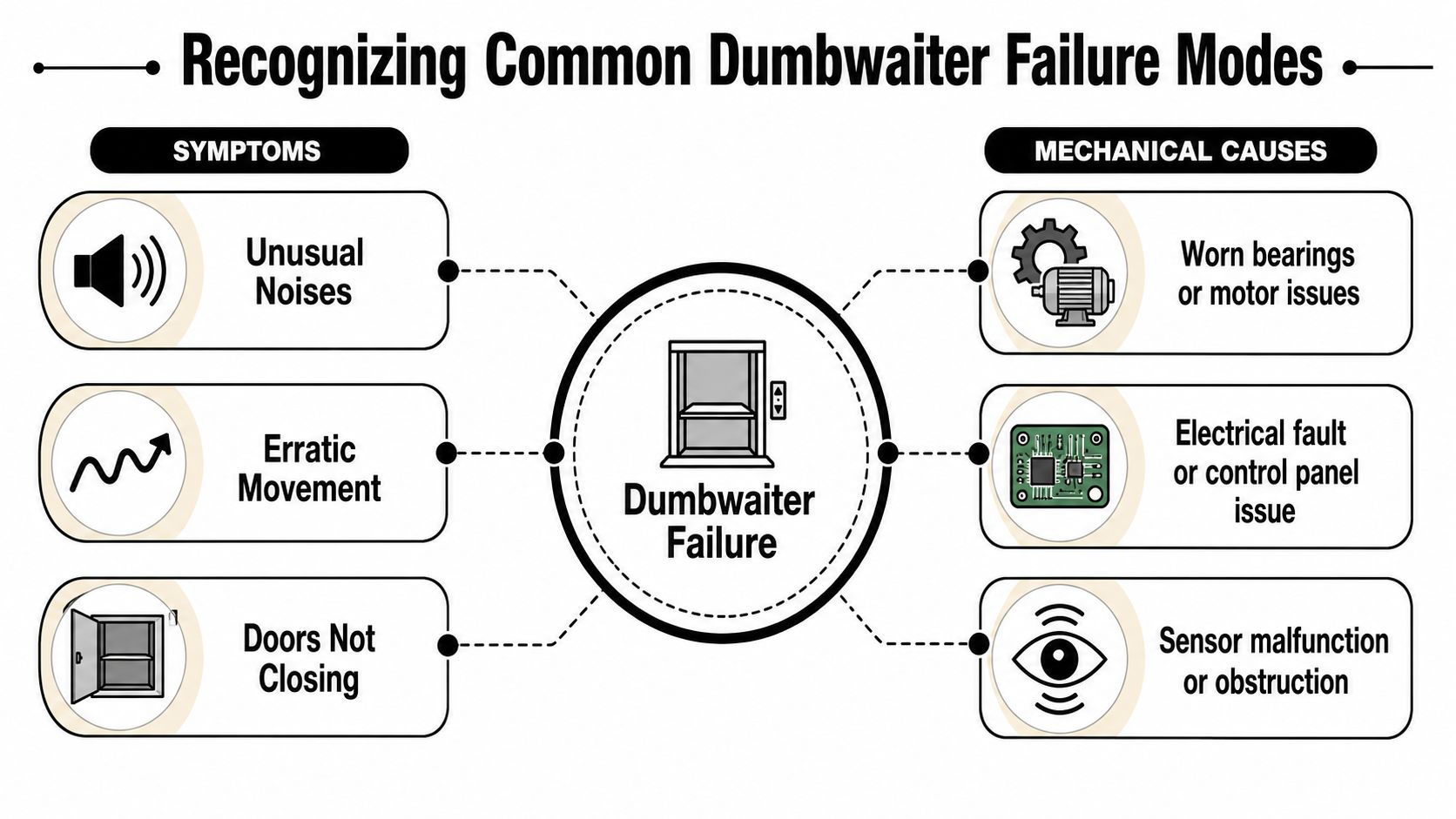 An infographic illustrating common symptoms and mechanical causes of dumbwaiter failures, including noise, movement, and door issues.