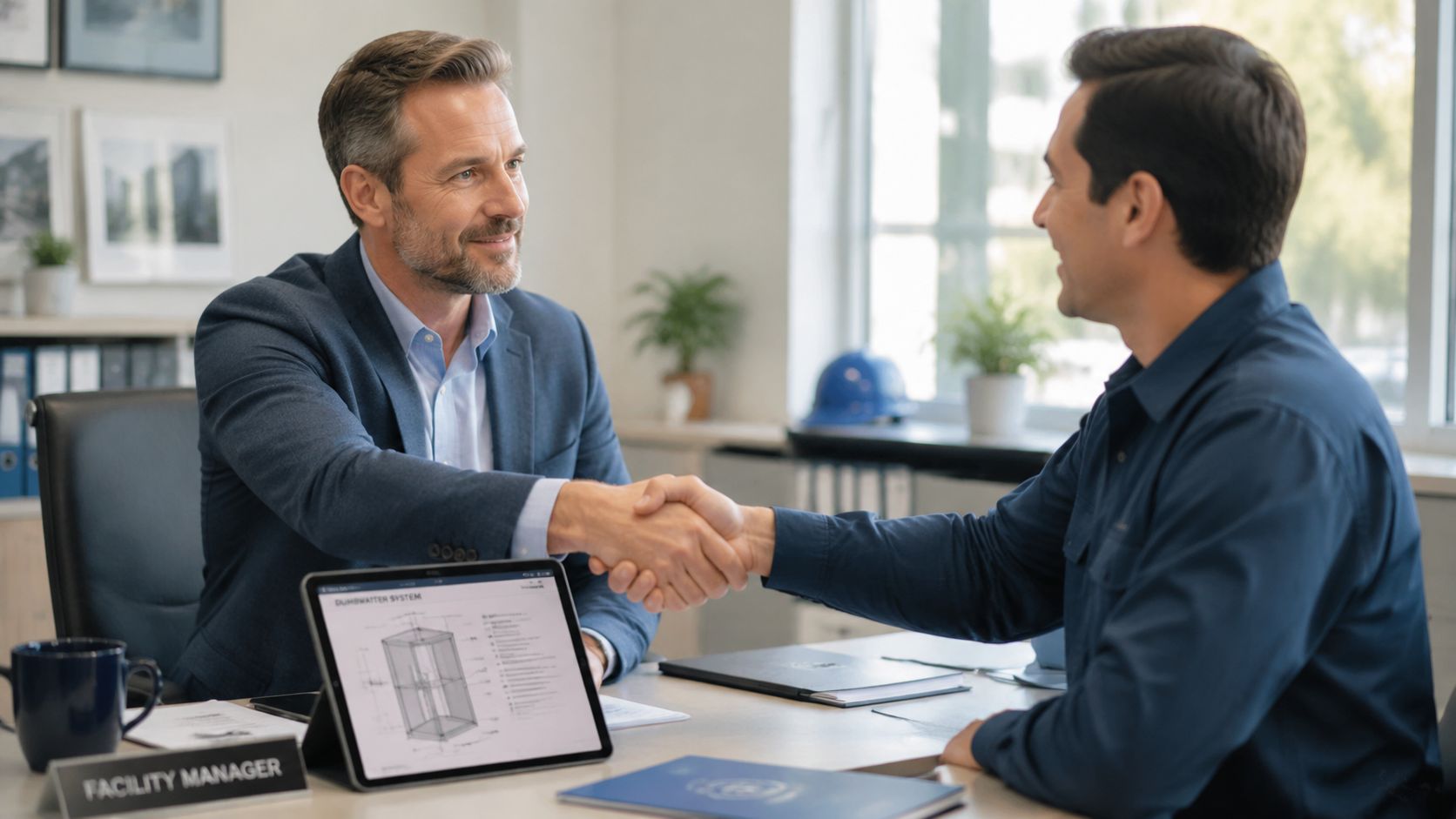 A facility manager shaking hands with a technician during a meeting about a dumbwaiter system installation.