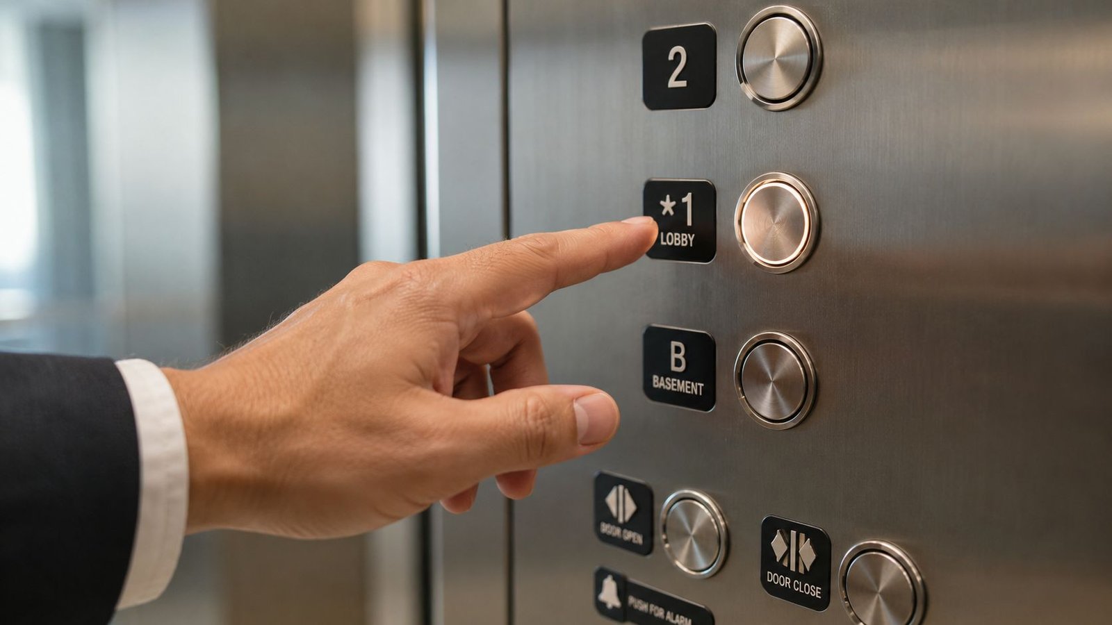 A businessman presses the lobby floor button on an elevator panel inside a modern building.