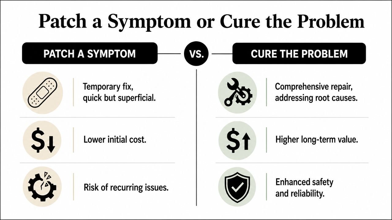 A comparison chart showing the differences between patching a symptom versus curing the underlying problem.