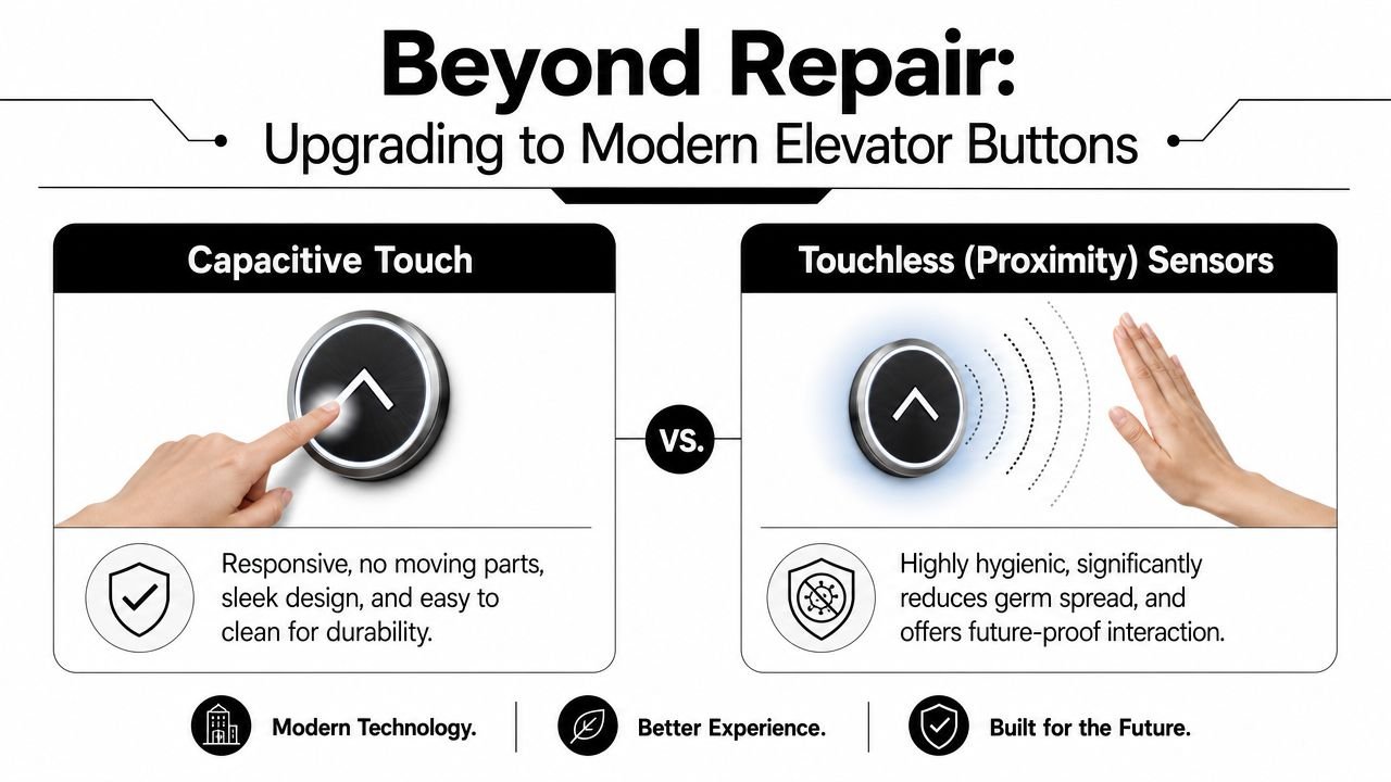 A comparative infographic showing capacitive touch and touchless proximity sensor technology for modern elevator buttons.