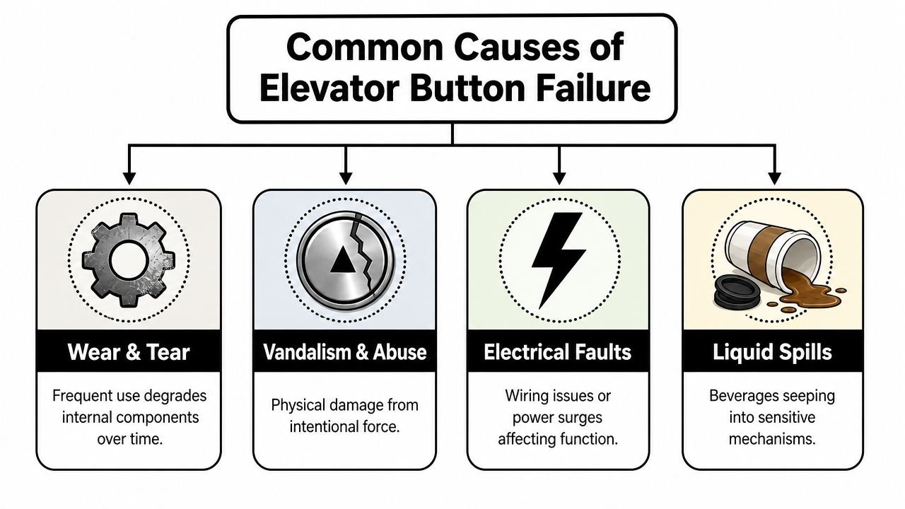 An infographic showing four common causes of elevator button failure: wear and tear, vandalism, electrical faults, and liquid spills.