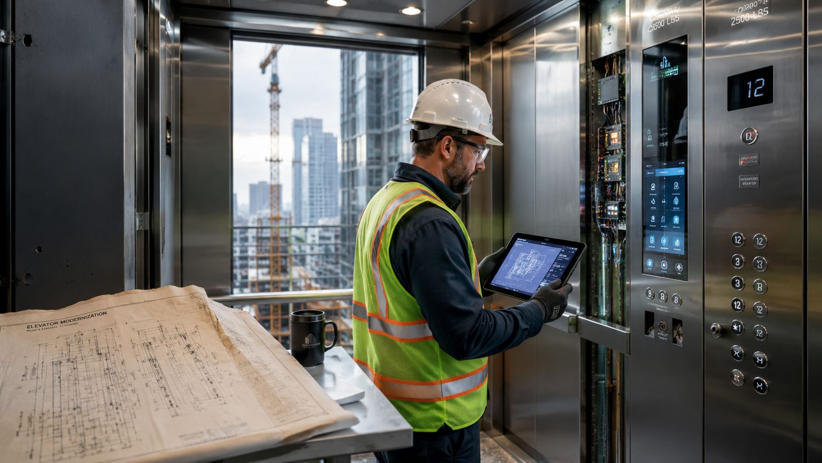 A technician wearing a hard hat and safety vest examines elevator control panel plans on a digital tablet.
