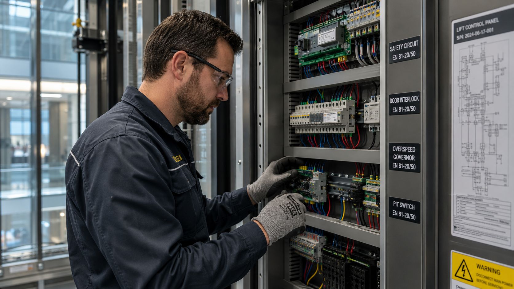 A technician wearing safety glasses and gloves working on a complex lift control panel circuit board.
