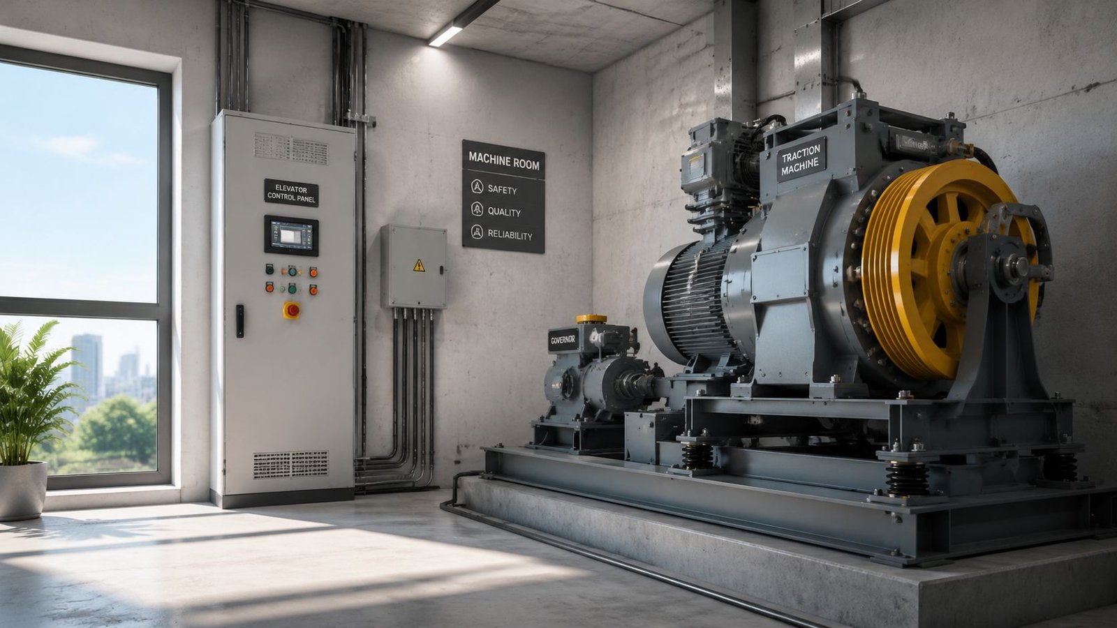 A modern elevator machine room with a traction machine, governor, and elevator control panel.