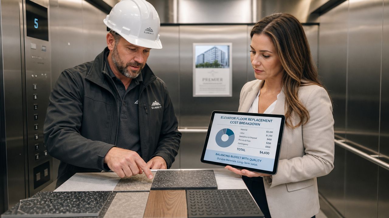 A professional in a hard hat shows elevator floor tile samples to a businesswoman holding a budget tablet.