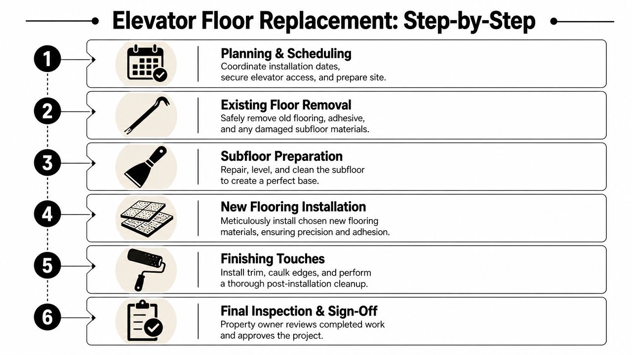 A six-step infographic illustrating the professional process for performing an elevator floor replacement project.