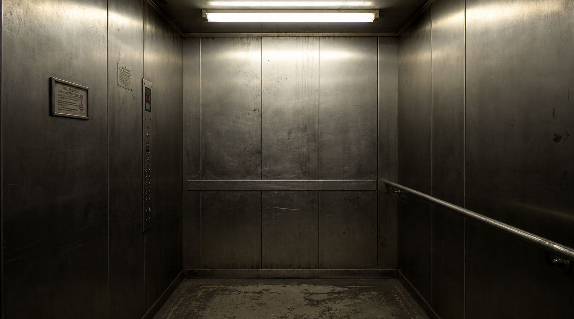 Inside a dimly lit metal elevator with scuffed walls and a bright overhead fluorescent light strip.