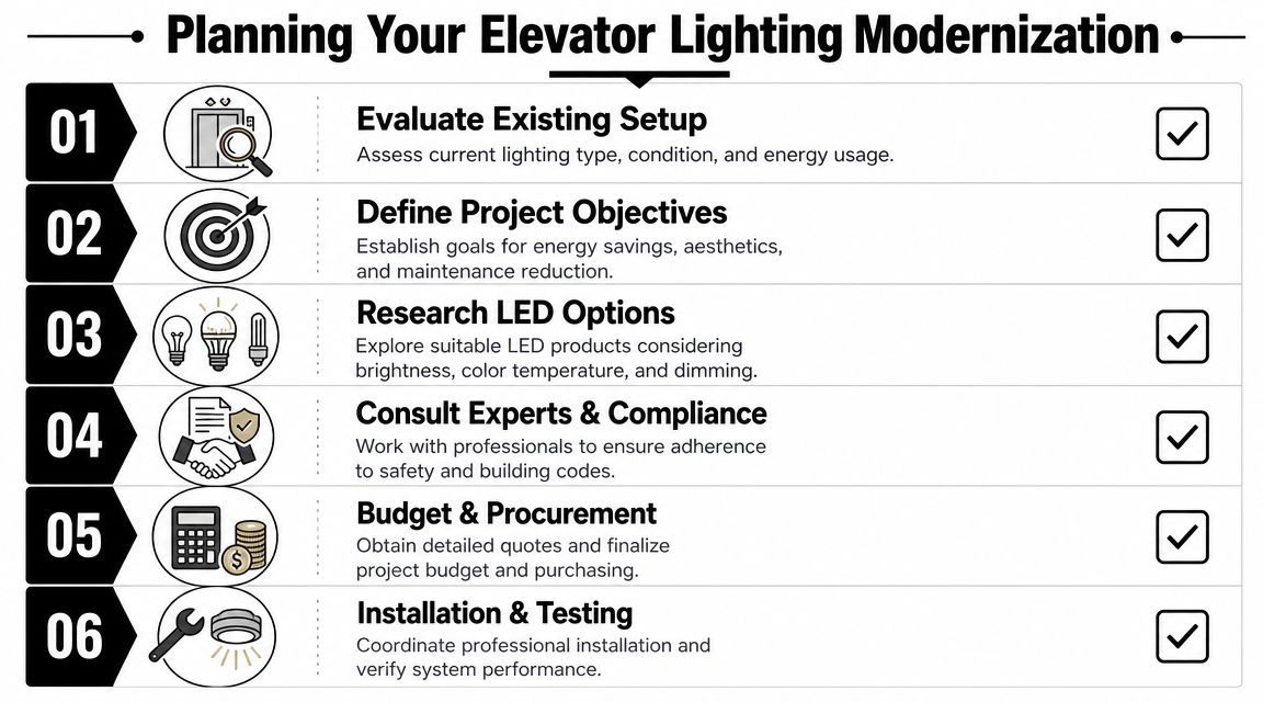 A six-step guide for planning elevator lighting modernization using energy-efficient LED upgrades and professional installation processes.