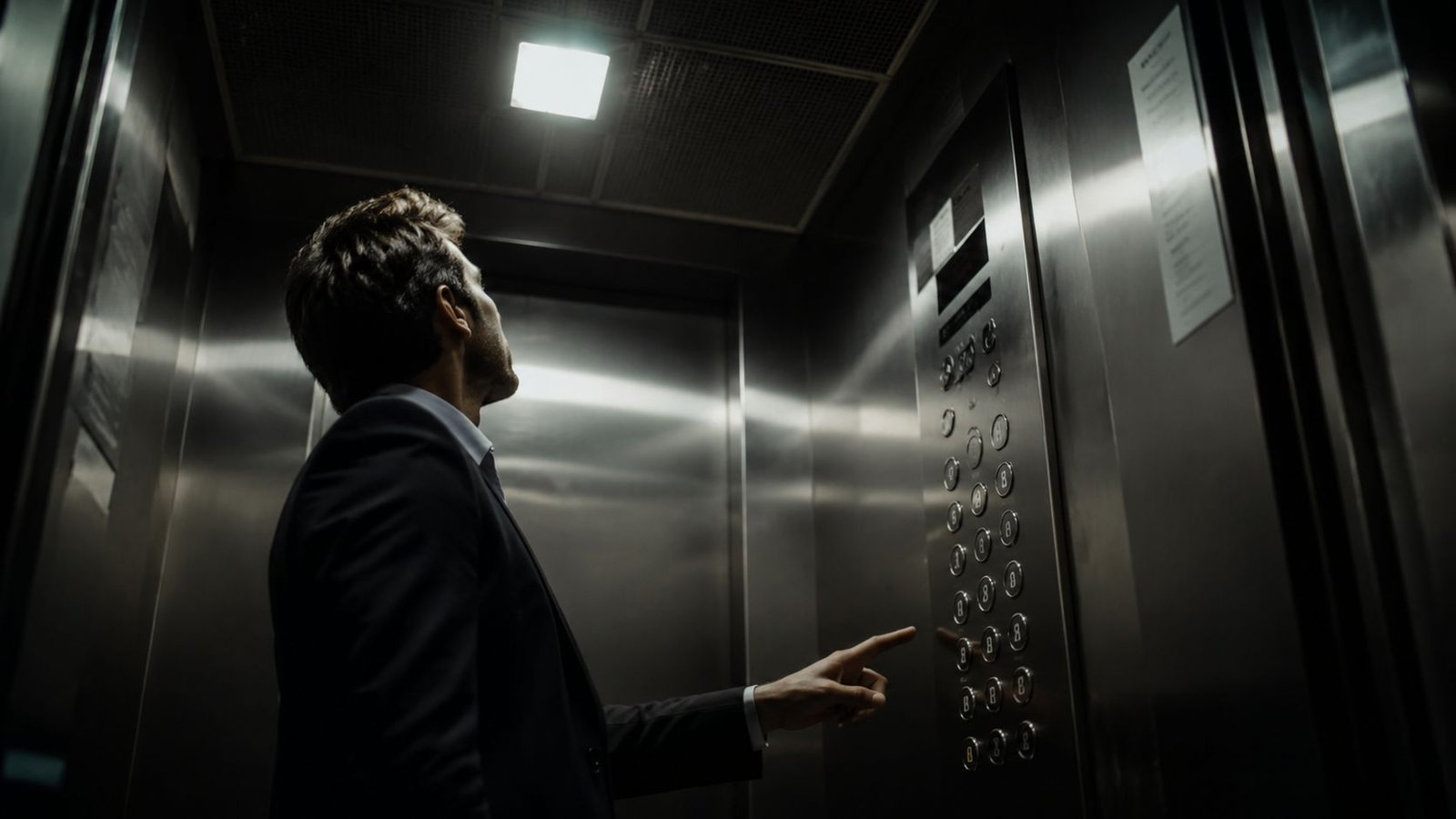 A businessman in a suit standing in a modern elevator and pointing at the button panel.
