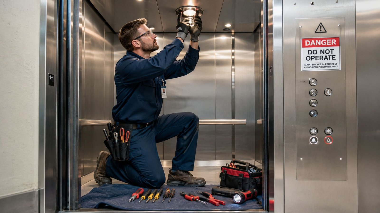An elevator technician in uniform kneels on a floor mat replacing a light bulb in the ceiling.