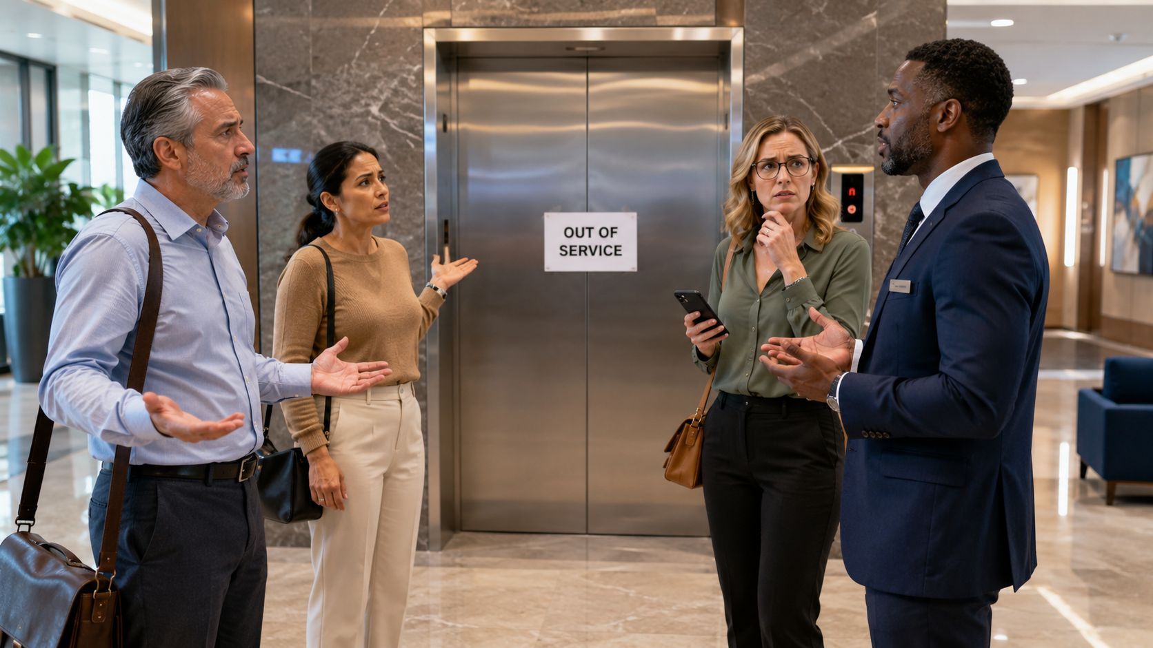 Three professional colleagues look frustrated while standing in a lobby in front of an out of service elevator.