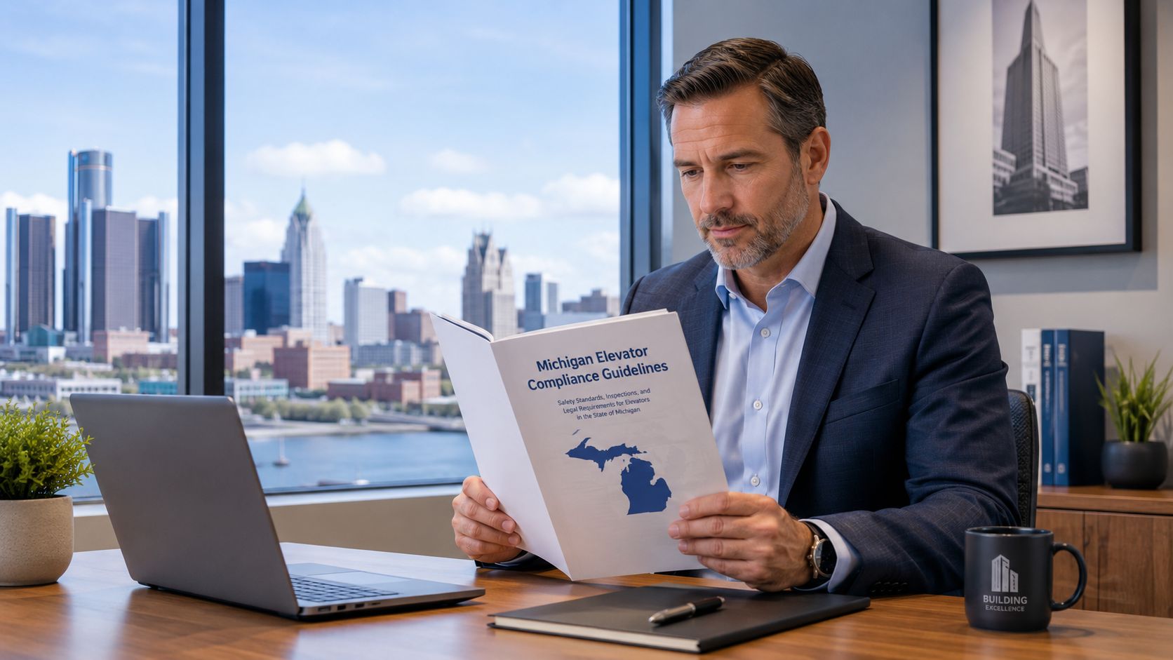 A professional man in a suit reads a document titled Michigan Elevator Compliance Guidelines in an office.