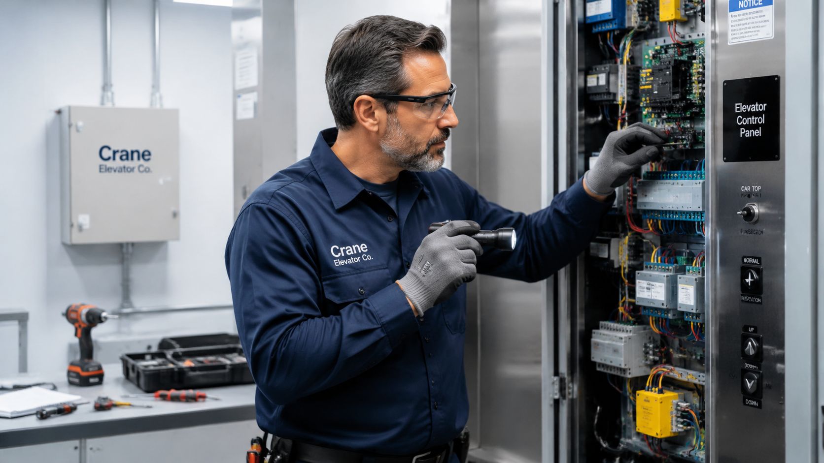 A professional elevator technician inspecting an elevator control panel with a flashlight in a modern facility.