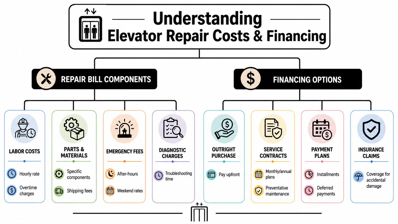 A diagram explaining various elevator repair bill components and financing options for property and business owners.