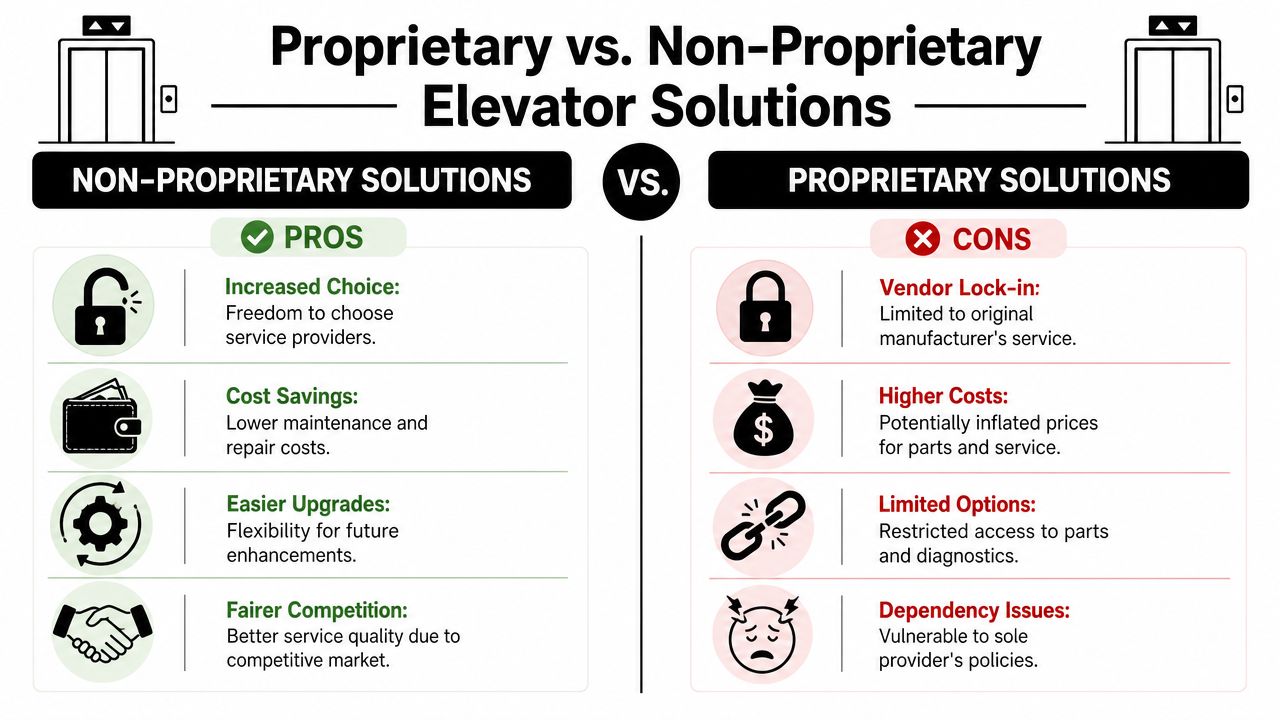 A comparison infographic showing the pros of non-proprietary elevator solutions versus the cons of proprietary elevator systems.