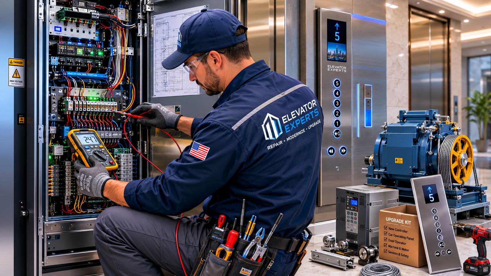 A professional technician wearing an Elevator Experts uniform repairing and inspecting electronic elevator control system components.