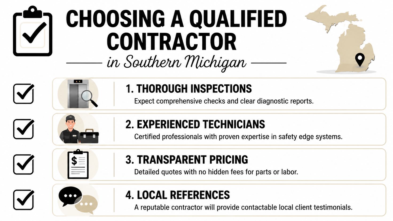 An infographic titled Choosing a Qualified Contractor in Southern Michigan listing four tips for hiring elevator services.