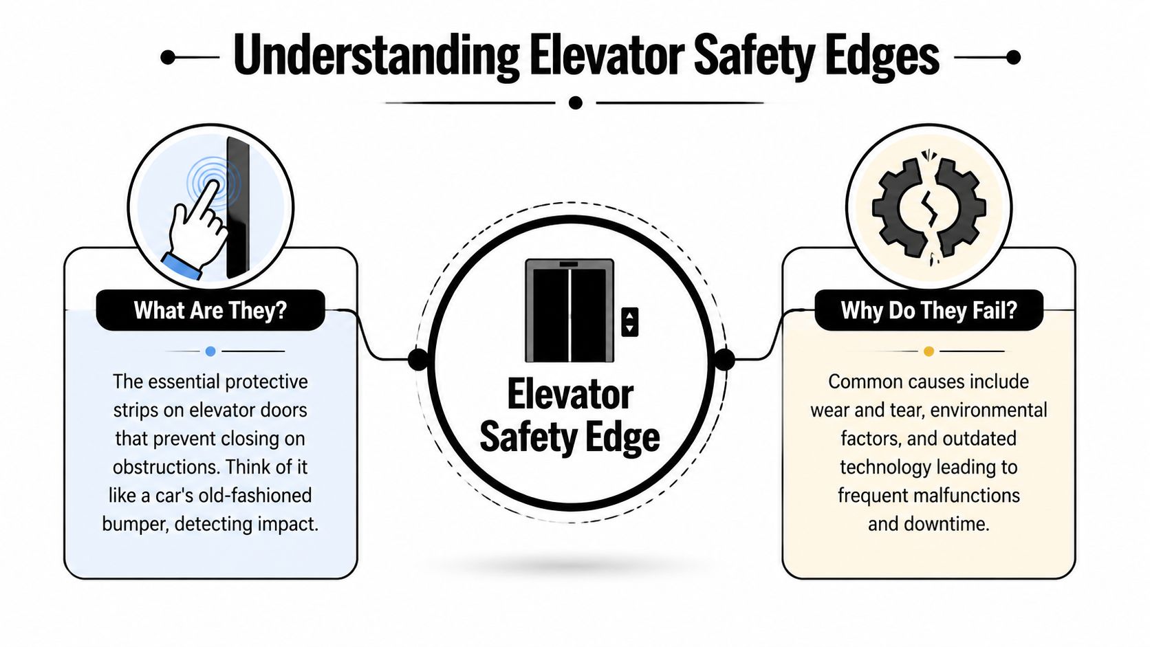 An infographic explaining elevator safety edges, their function as protective door strips, and causes for common malfunctions.