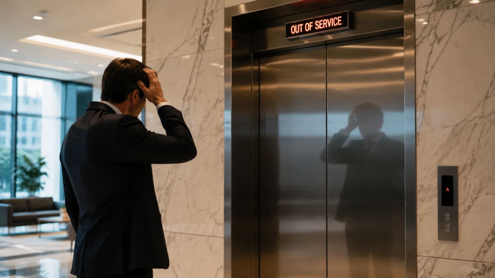 A frustrated businessman stands in a marble lobby, looking at an elevator marked with an Out of Service sign.