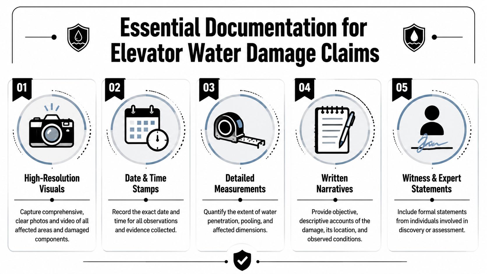 An infographic detailing five essential steps for documenting elevator water damage claims for insurance purposes.