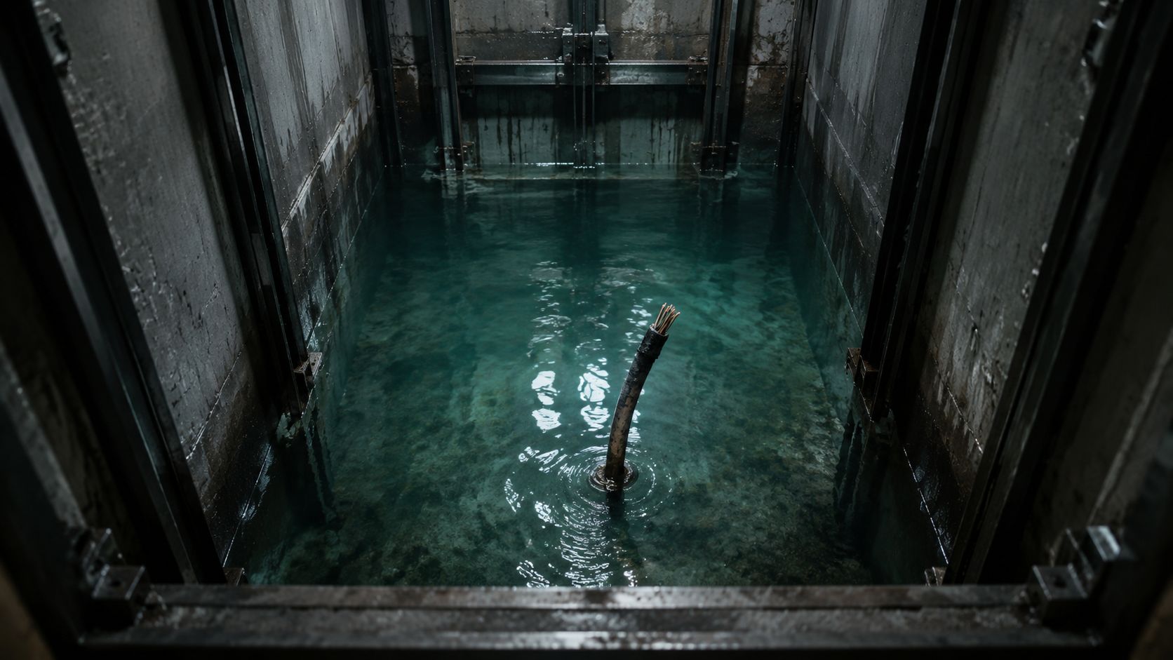 An industrial elevator shaft filled with turquoise water, with a single submerged power cable sticking out.