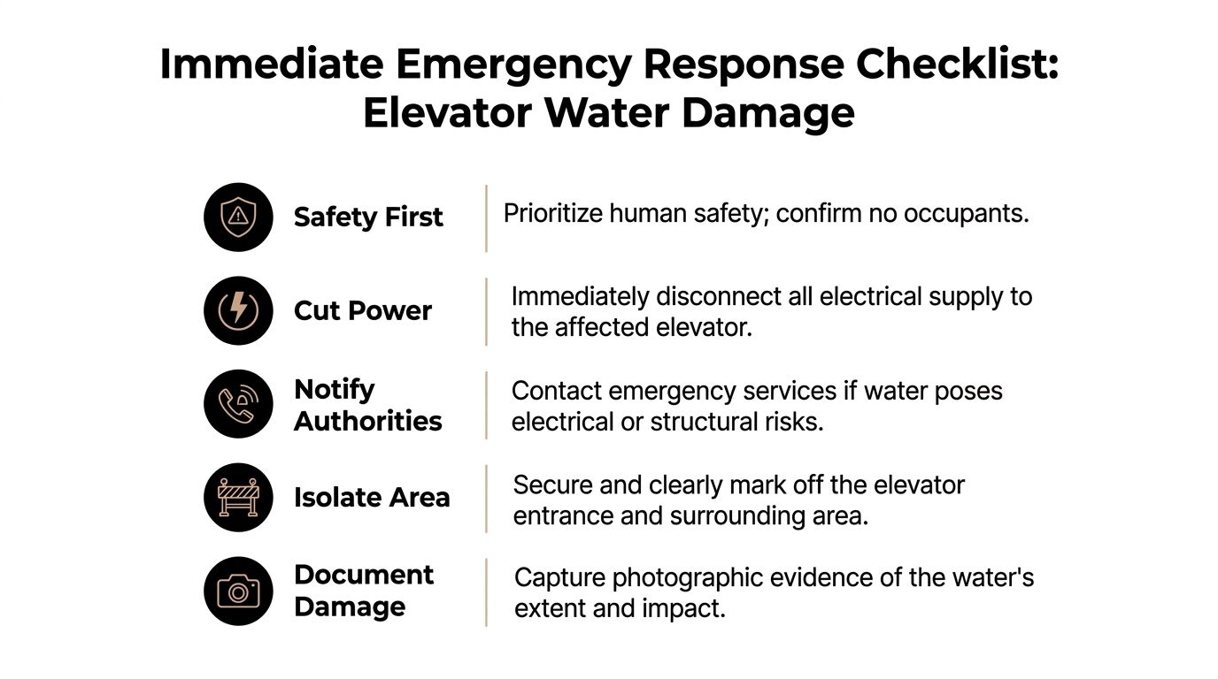 An infographic checklist outlining five critical safety steps to take when dealing with elevator water damage.
