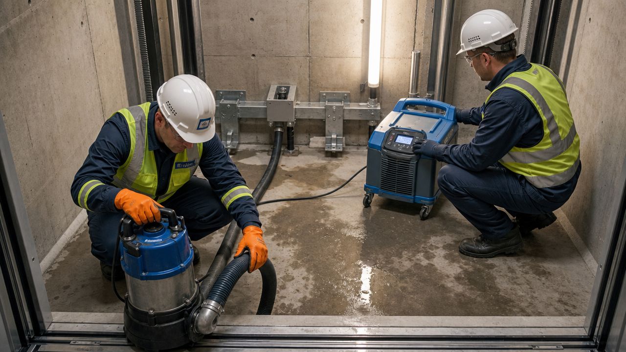 Two technicians in hard hats and safety vests are cleaning water from an elevator pit using specialized equipment.