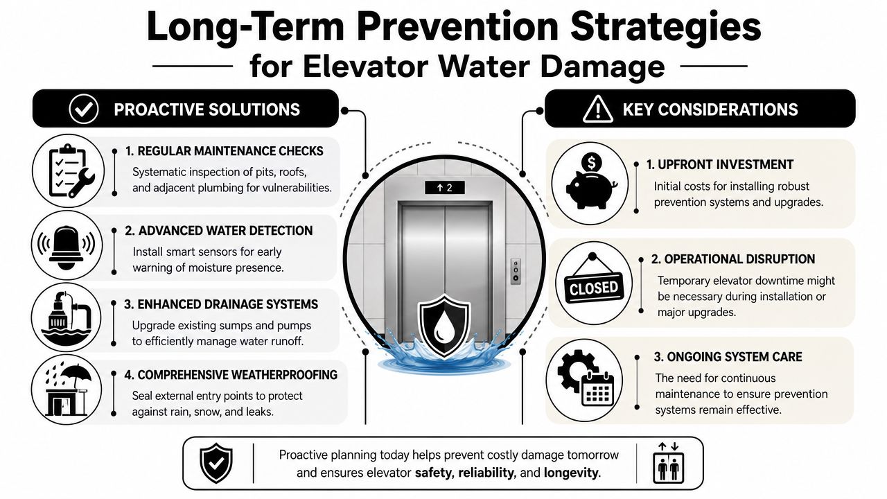 An infographic detailing proactive solutions and key considerations for preventing water damage in building elevators.