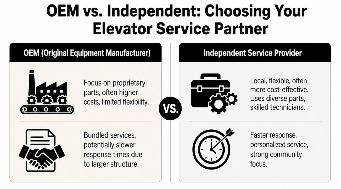 A comparison chart showing the differences between OEM and independent elevator service providers for property owners.