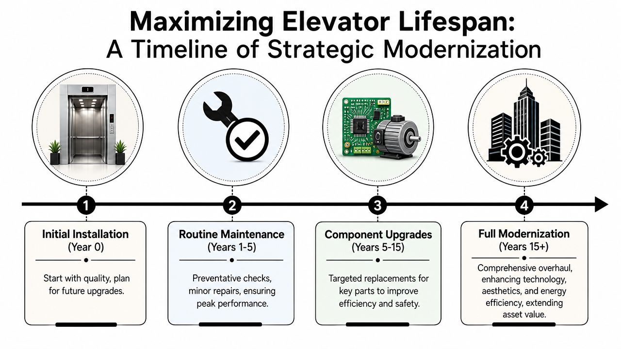 A timeline graphic illustrating the stages of elevator maintenance from installation to full modernization.